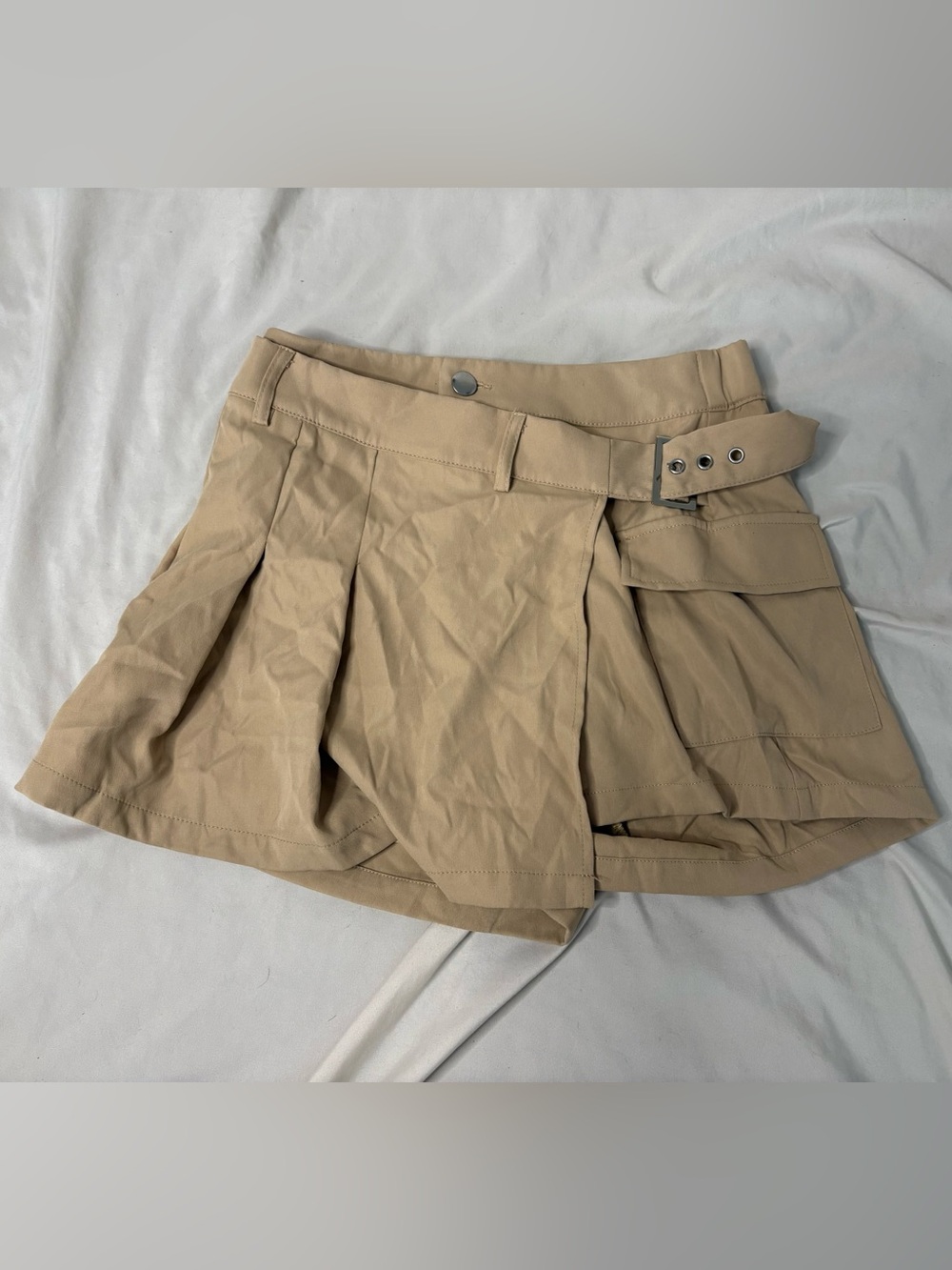 SHEIN Tan Pleated Skort with Side Belt and Pocket